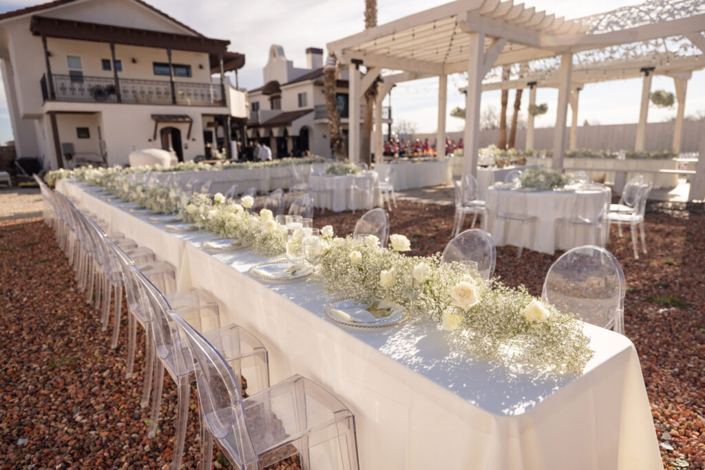large dinner arrangements for the guests at this intimate luxurious wedding at the hacienda 