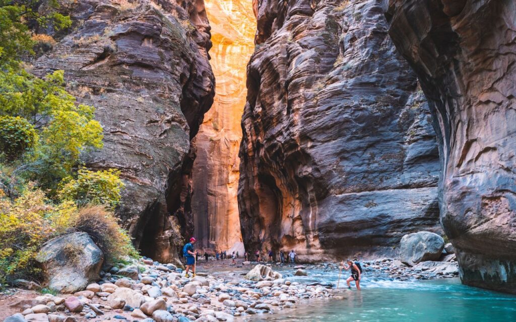 visitors hiking in the narrows of Zion