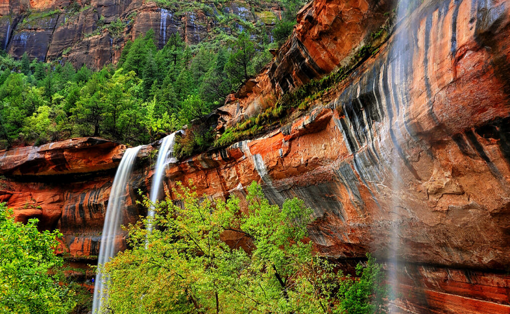 Gorgeous seasonal waterfall on the emerald pools trail in Zion