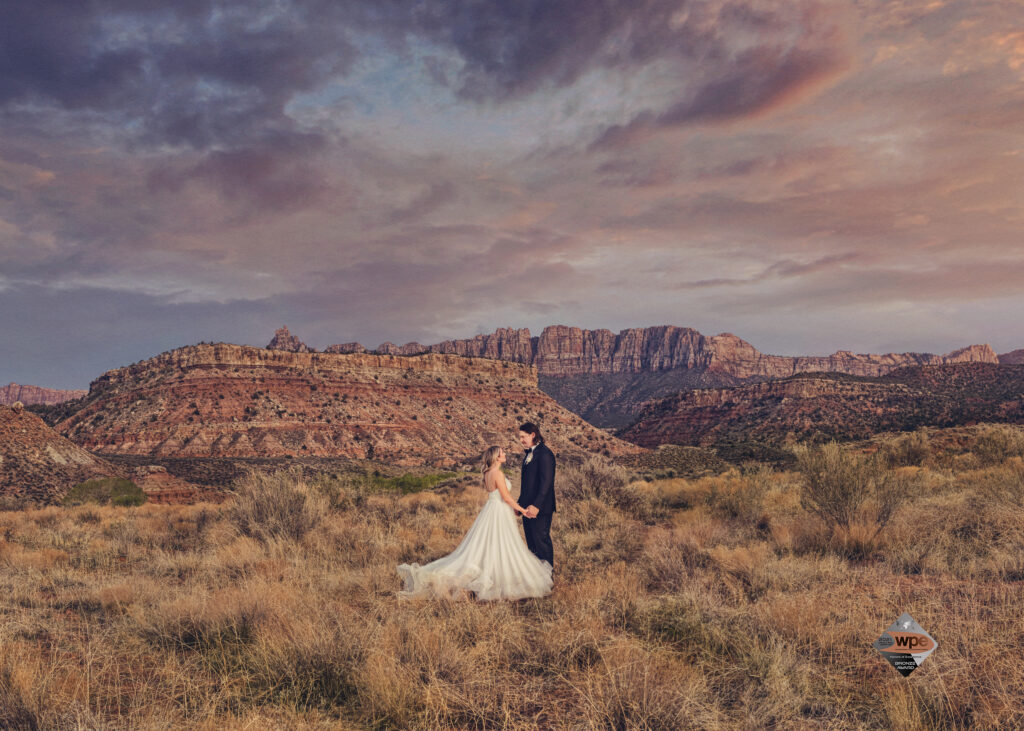 Wedding couple standing in the desert with ZION NATIONAL PARK in the background