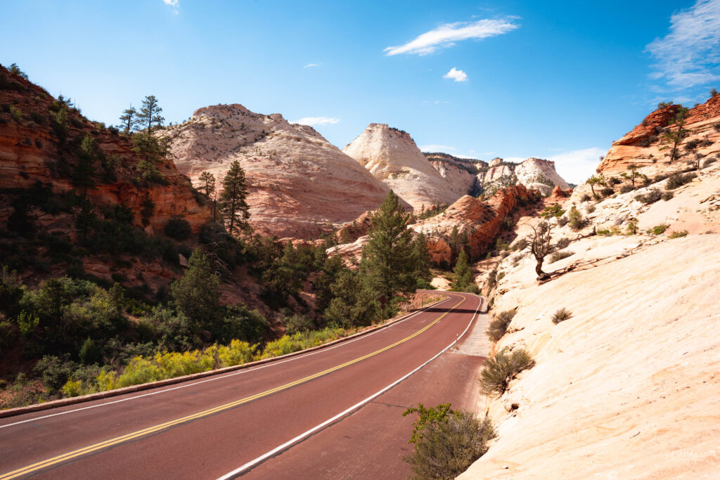 Entering Zion National Park East entrance amidst stunning desert landscape